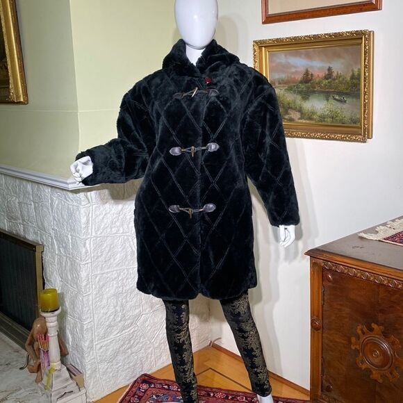 Hooded Black Textured Faux Fur Classic Duffle Coat - Picture 1 of 11